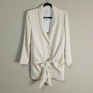 L'Academie The Rosemarie Mini Dress XS Ivory Front Buttons Padded Shoulders Tie